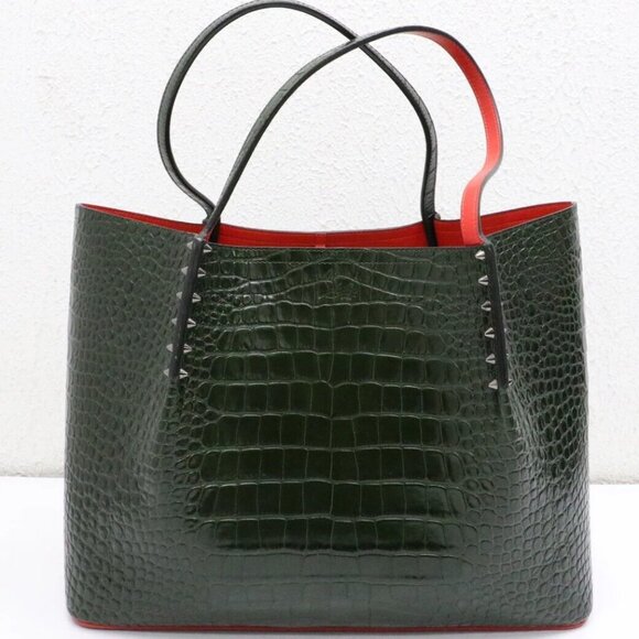 Christian Louboutin Calfskin Crocodile Embossed Spikes Large Cabarock Bag- Green - Picture 2 of 15